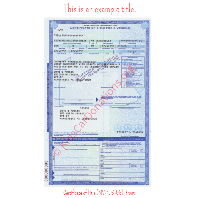 This is an Example of Pennsylvania Certificate of Title (MV-4, 6-96) Front View | Kids Car Donations